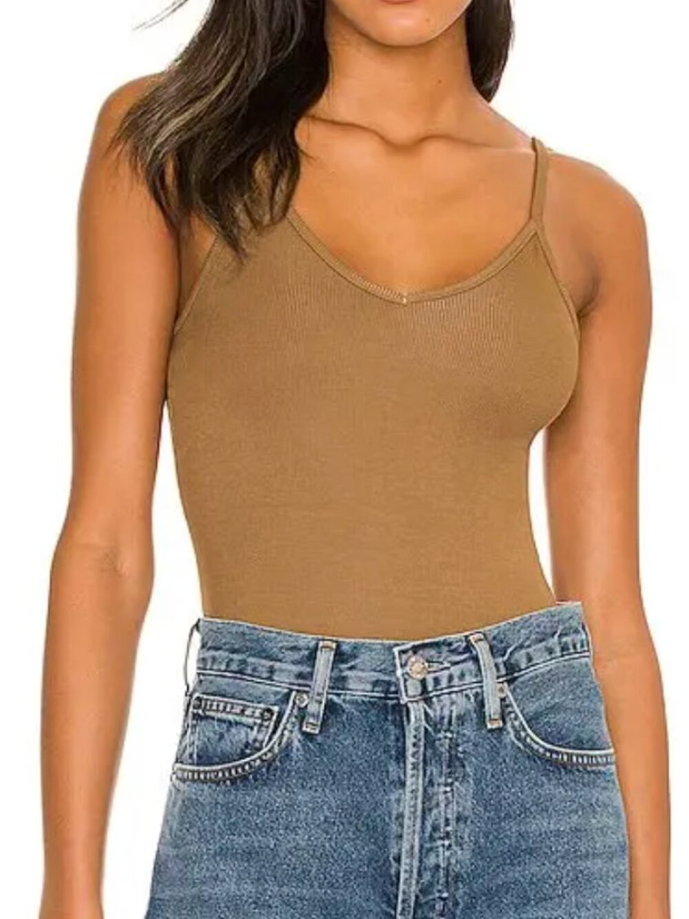 NEW Agolde Soft Bamboo Spaghetti V Strap Bodysuit in Toffee